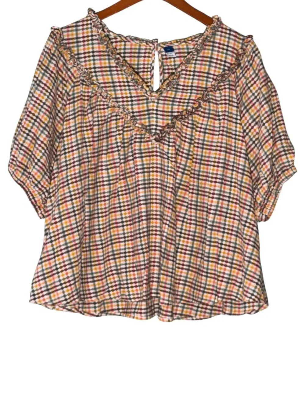 Old Navy Multicolor Plaid 100% Cotton Ruffle Yoke Short Sleeve Oversized Blouse